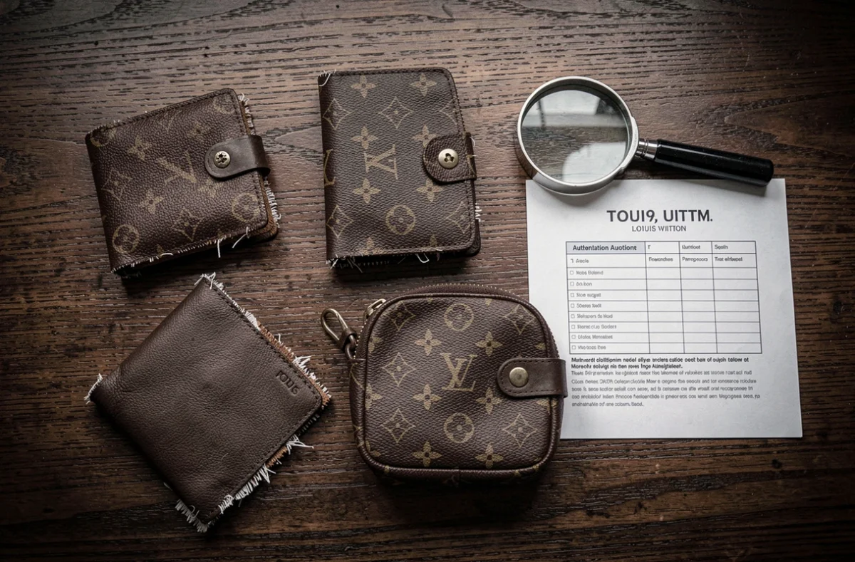 Disposition à plat d'accessoires Louis Vuitton contrefaits avec loupe et guide d'authentification, révélant les défauts de matériaux et de finition