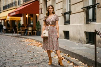 Femme en robe évasée fleurie accessoirisée d'une ceinture en cuir, d'un sac bandoulière et de bottines à talons, dans une rue pavée parisienne en automne