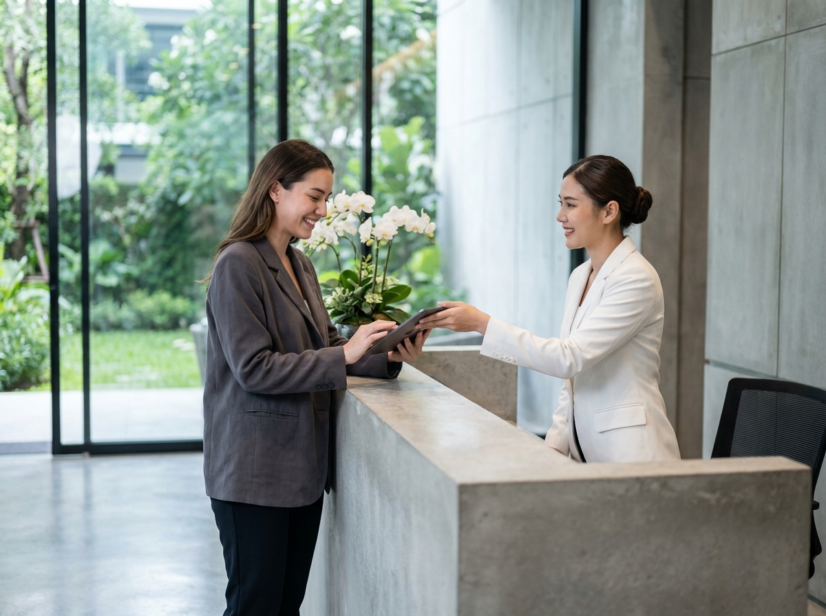 Jeune femme souriante à l'accueil d'une clinique esthétique moderne, consultant une tablette avec une réceptionniste dans un cadre design et serein