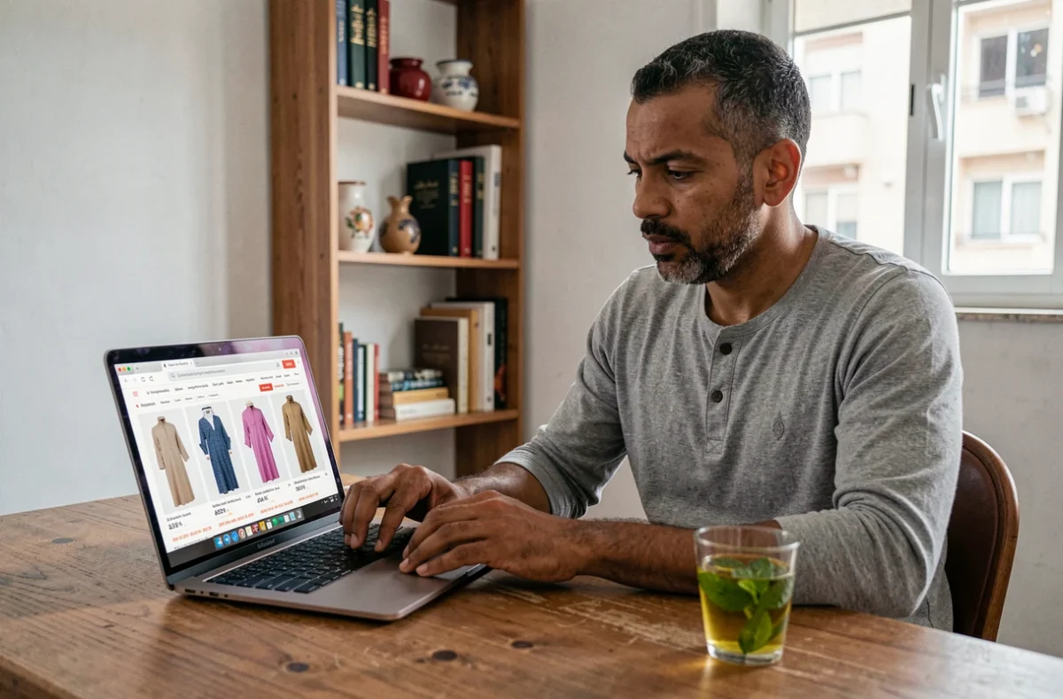 Homme nord-africain comparant les prix de vêtements arabes en ligne sur un ordinateur portable depuis son bureau à domicile