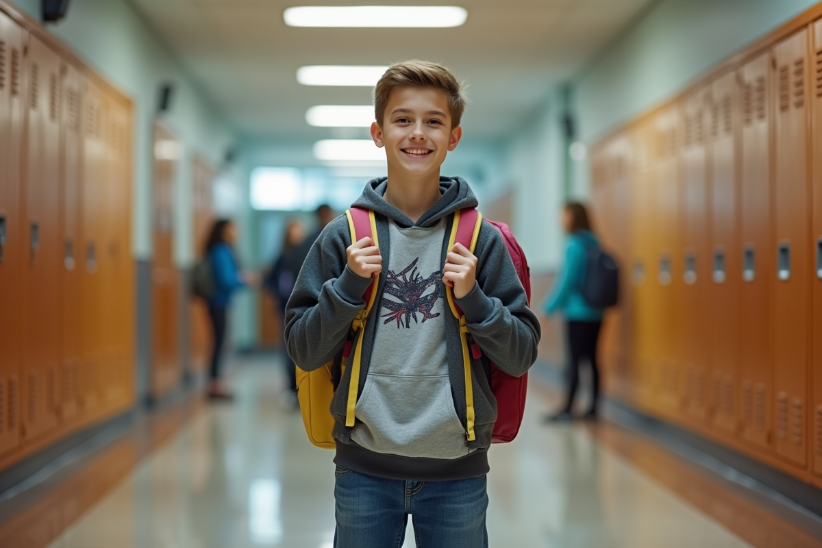 Adolescent souriant portant un sac à dos dans un couloir scolaire