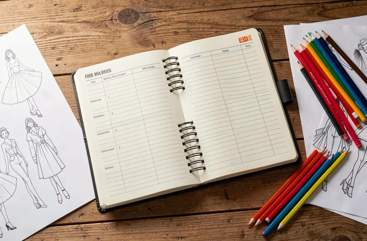 Agenda ouvert sur un bureau avec des croquis de mode