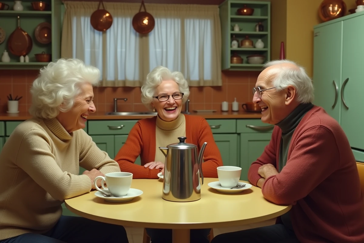 Trois amis seniors réunis autour d'une table rétro dans une cuisine années 70 aux couleurs avocado