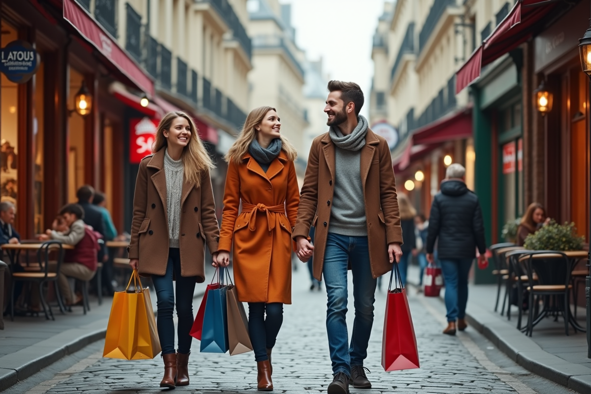 Groupe d amis faisant du shopping dans une rue parisienne