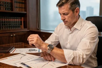 Homme en chemise blanche analysant le prix d'une montre Rolex Submariner dans un bureau luxueux entouré de catalogues et tableaux de prix