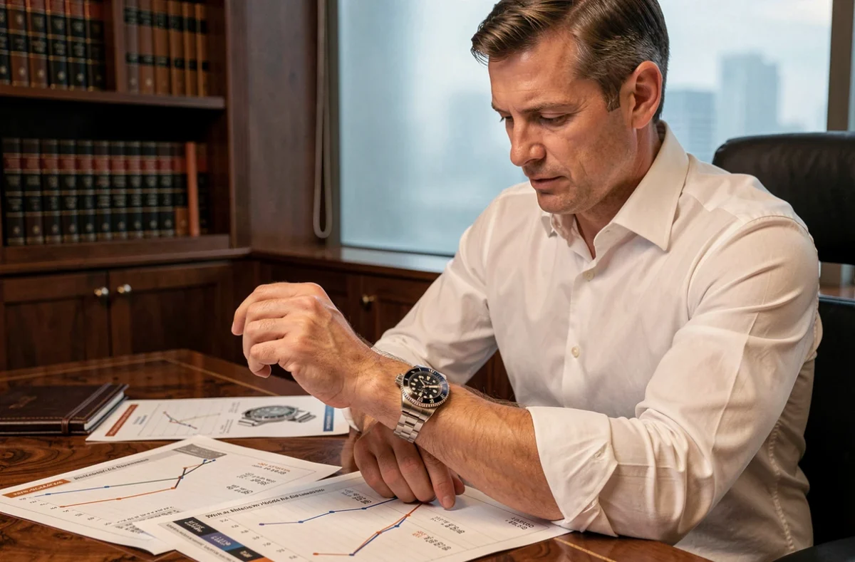 Homme en chemise blanche analysant le prix d'une montre Rolex Submariner dans un bureau luxueux entouré de catalogues et tableaux de prix