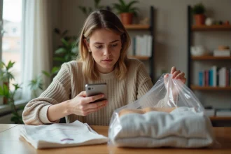 Jeune femme examinant un colis de vêtements Shein avec son smartphone pour annuler une commande