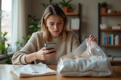 Jeune femme examinant un colis de vêtements Shein avec son smartphone pour annuler une commande