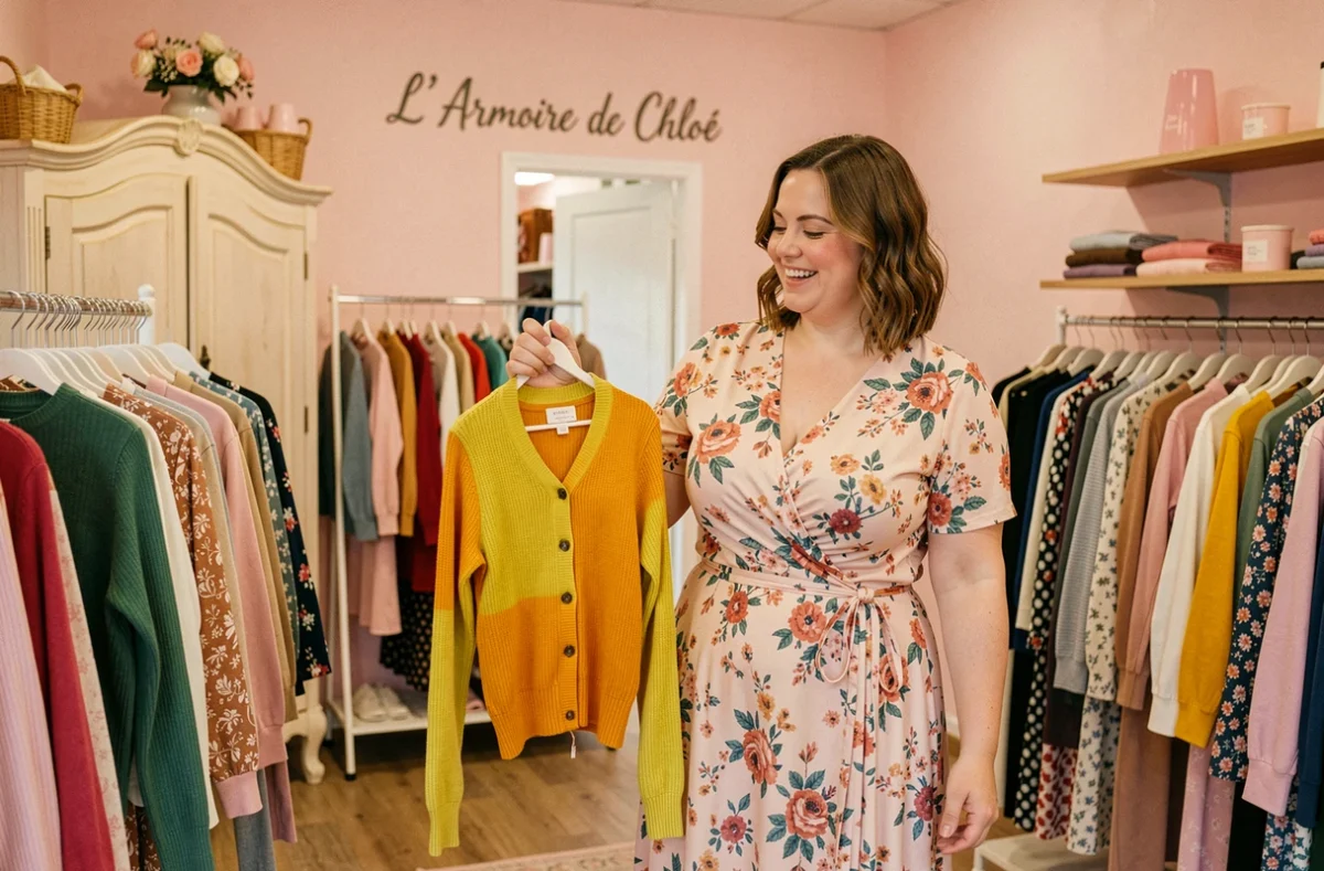 Femme souriante grande taille découvrant des vêtements à l'Armoire de Chloé à La Talaudière, boutique chaleureuse spécialisée dans les grandes tailles