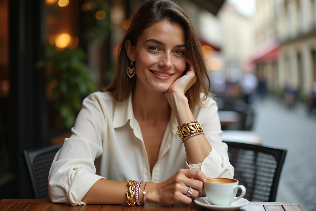 Femme portant plusieurs bracelets en or empilés dont un jonc large et un bracelet tennis diamant dans un café parisien