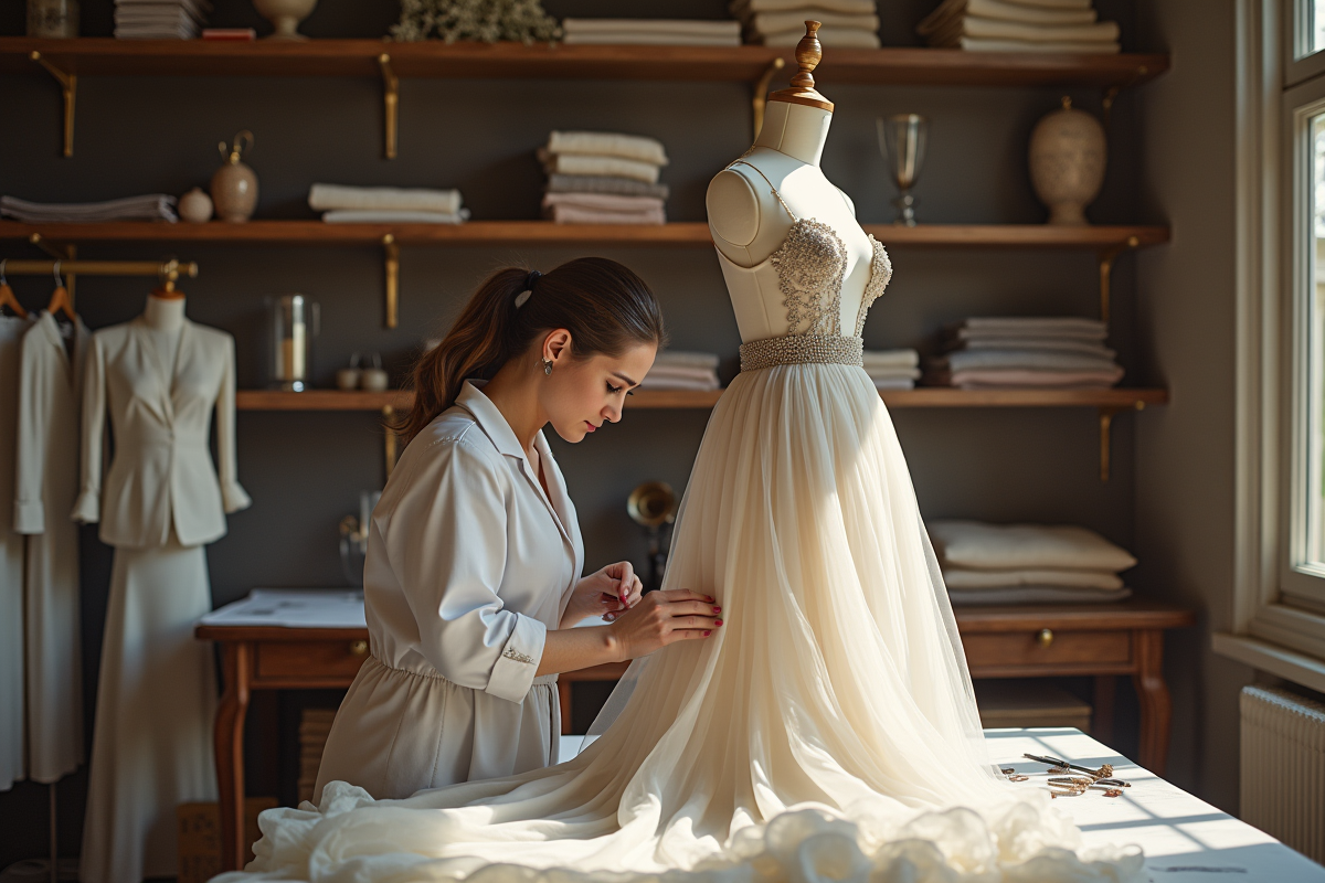 Atelier de couture luxe avec artisan travaillant sur un mannequin