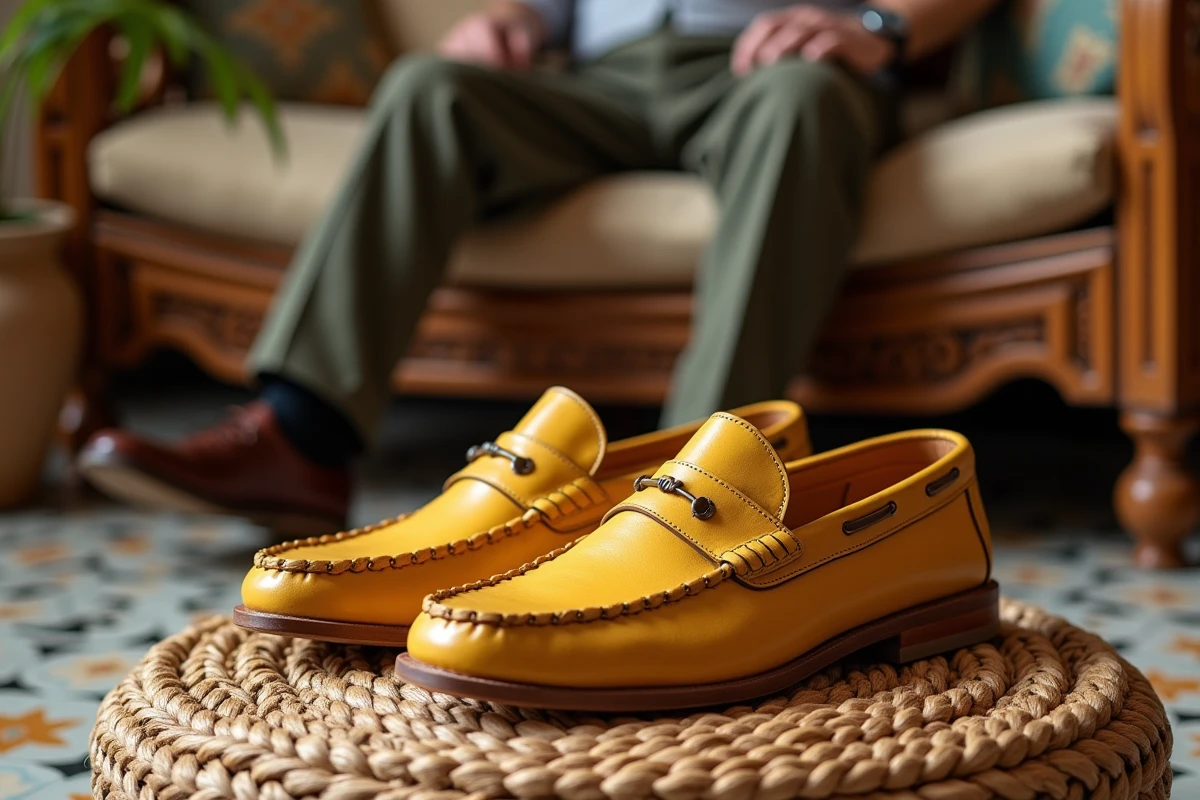 Paire de babouches jaunes en cuir sur un ottoman en osier
