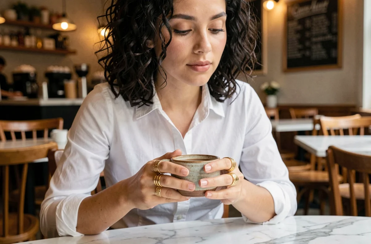 Jeune femme portant des bagues empilées en plaqué or dans un café urbain tenant une tasse en céramique artisanale
