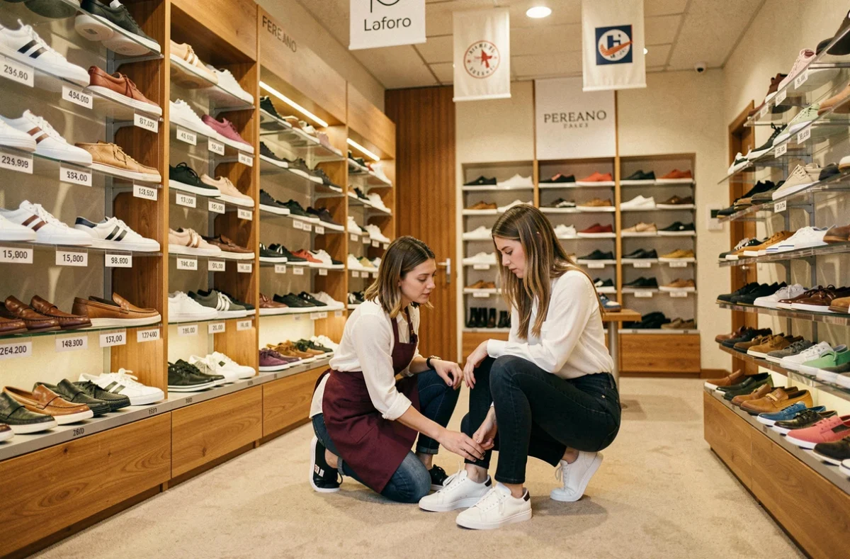 Vendeuse aidant une cliente à essayer des baskets blanches chez Besson Chaussures à Claye-Souilly