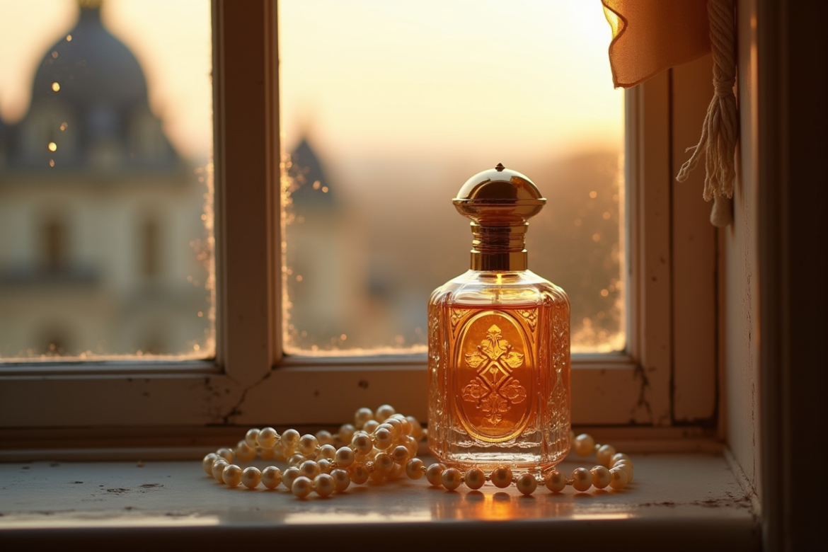 Bouteille de parfum vintage et perles sur une fenêtre avec le Château de Chaumont