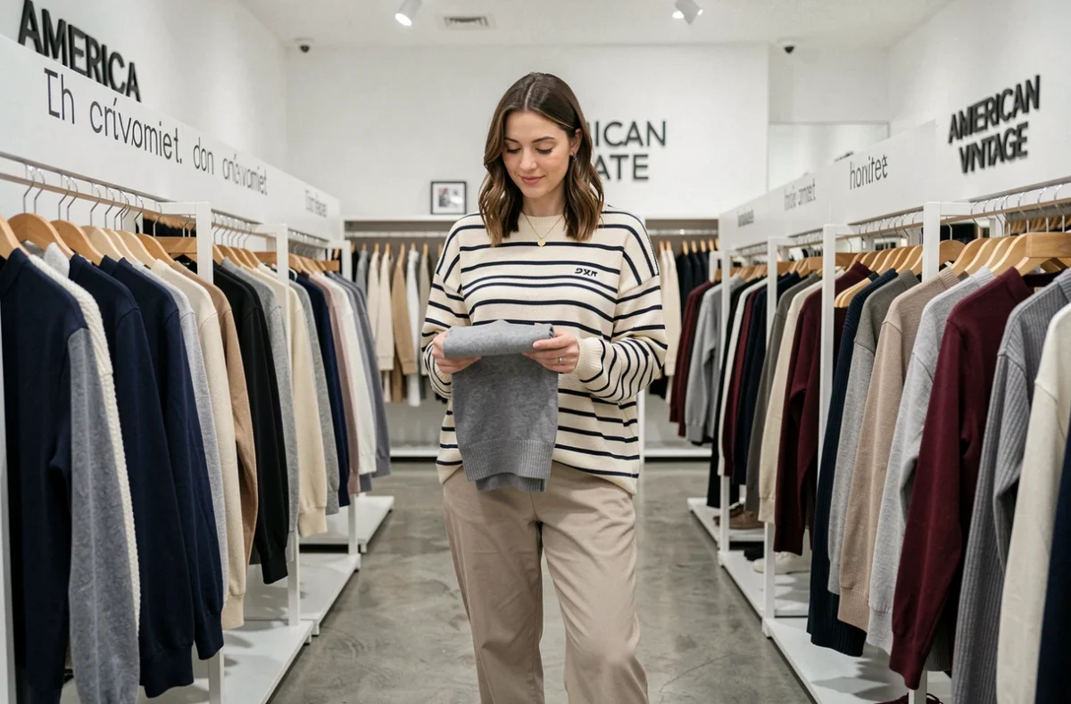Cliente en pull rayé parcourant les basiques de la boutique American Vintage à Marseille