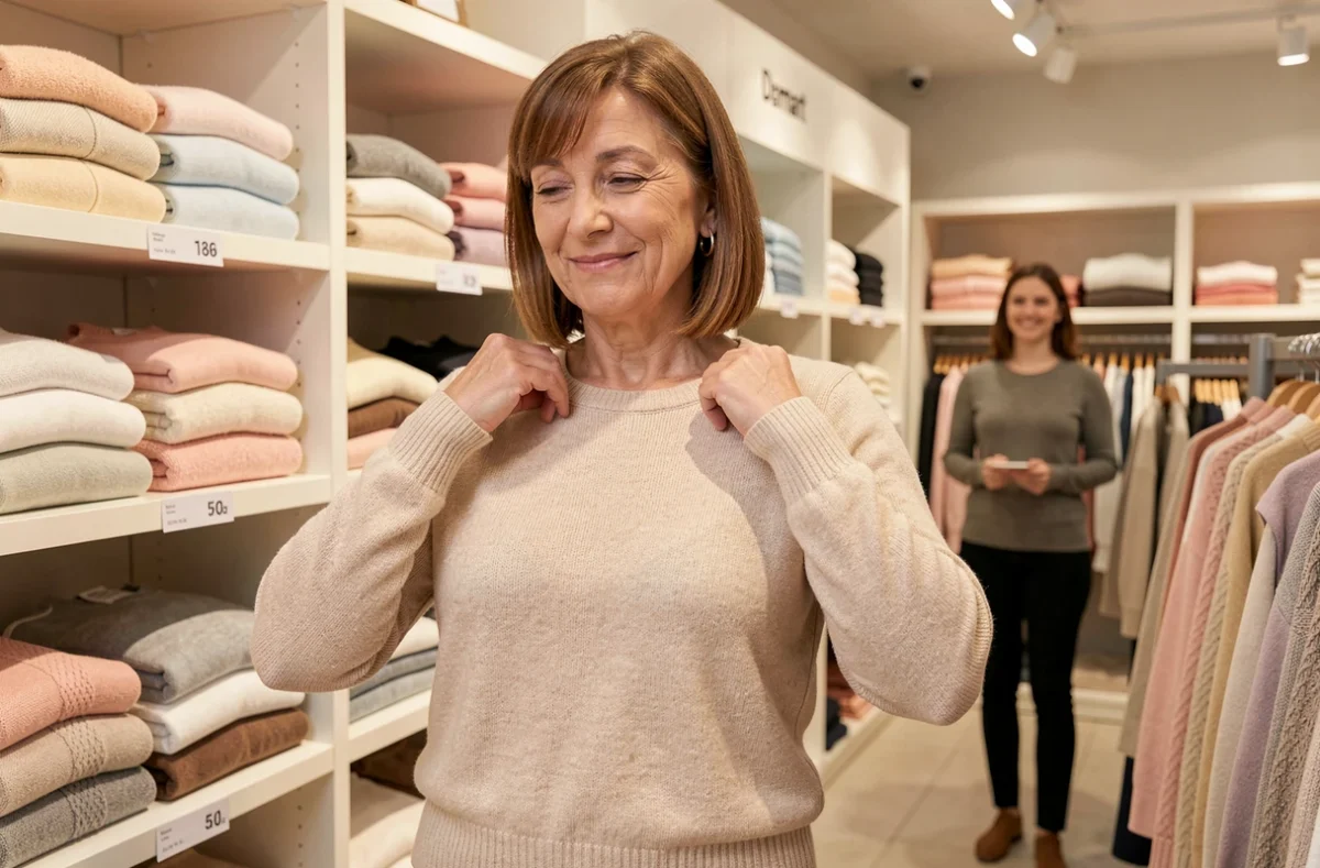 Femme d'âge mûr essayant un haut en maille douce dans la boutique Damart de Marseille