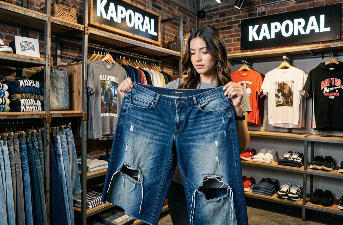 Jeune femme comparant des jeans délavés dans la boutique Kaporal à Marseille