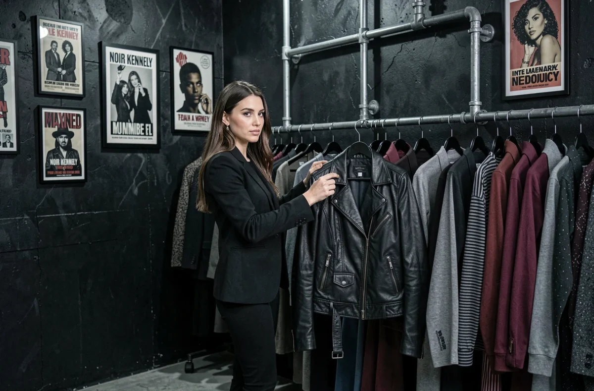 Cliente au style alternatif explorant les créations sombres et avant-gardistes de la boutique Noir Kennedy à Marseille