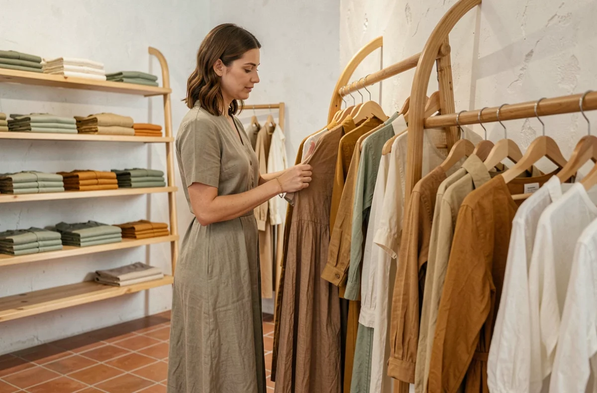 Femme parcourant les vêtements en lin aux teintes naturelles dans une boutique Sessùn à Marseille