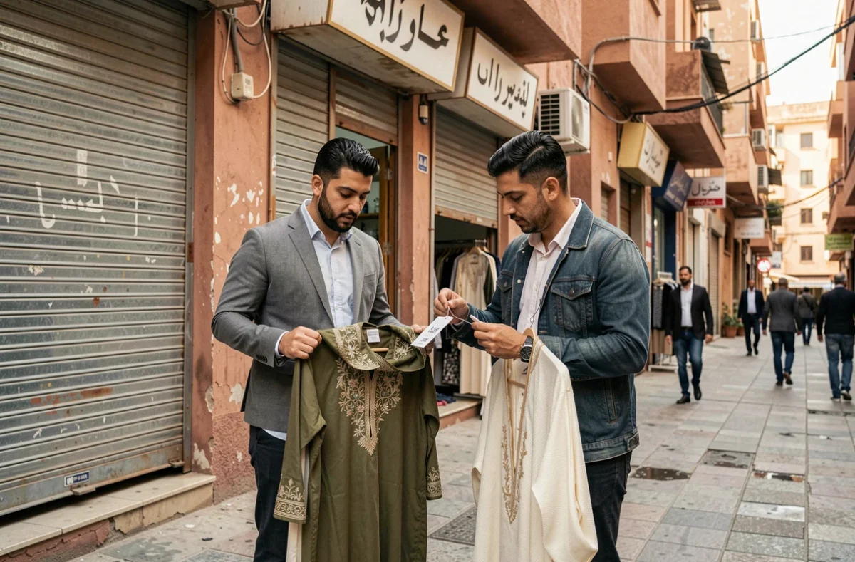 Deux hommes arabes examinant des vêtements traditionnels bon marché exposés devant une boutique de mode orientale en ville