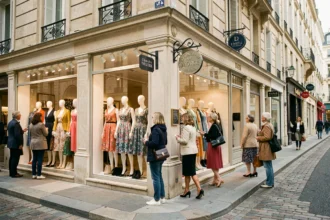 Rue commerçante animée en Auvergne-Rhône-Alpes avec des boutiques de prêt-à-porter féminin et des femmes qui font du shopping