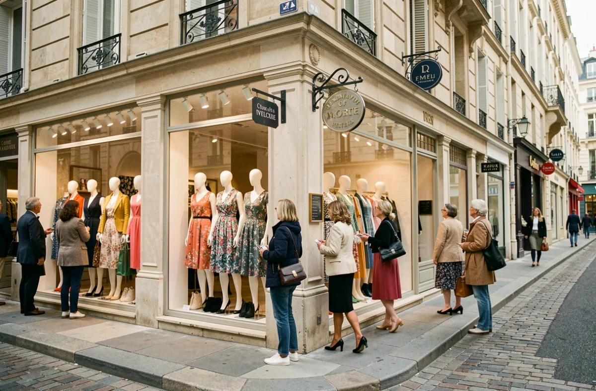 Rue commerçante animée en Auvergne-Rhône-Alpes avec des boutiques de prêt-à-porter féminin et des femmes qui font du shopping
