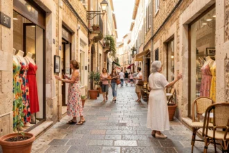 Rue commerçante marseillaise animée avec des boutiques de prêt-à-porter féminin et des femmes faisant du shopping