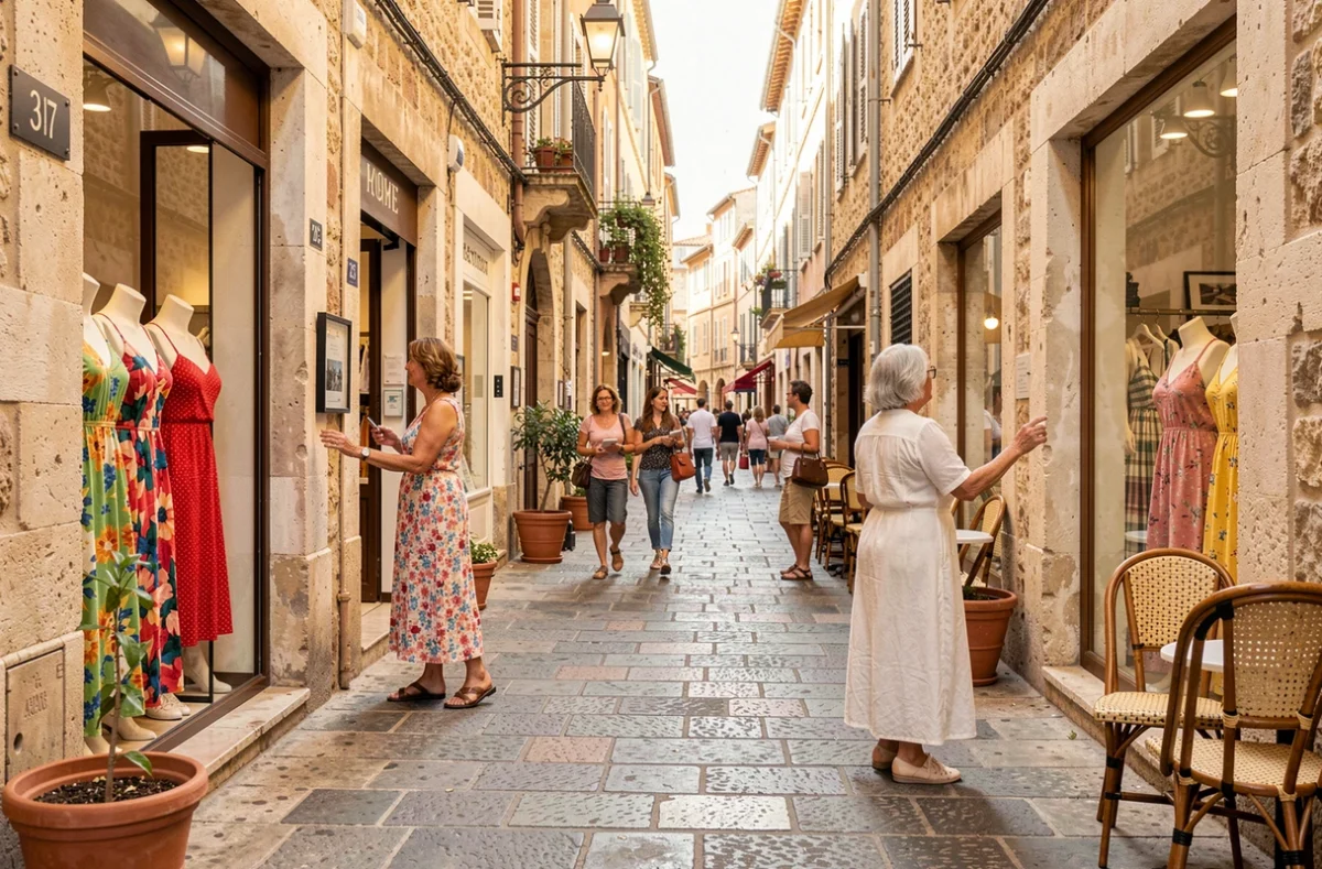 Rue commerçante marseillaise animée avec des boutiques de prêt-à-porter féminin et des femmes faisant du shopping
