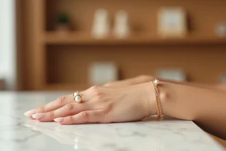 Bracelet en or jaune associé à une chaîne en or rose et un bracelet de perles sur un poignet féminin posé sur du marbre blanc
