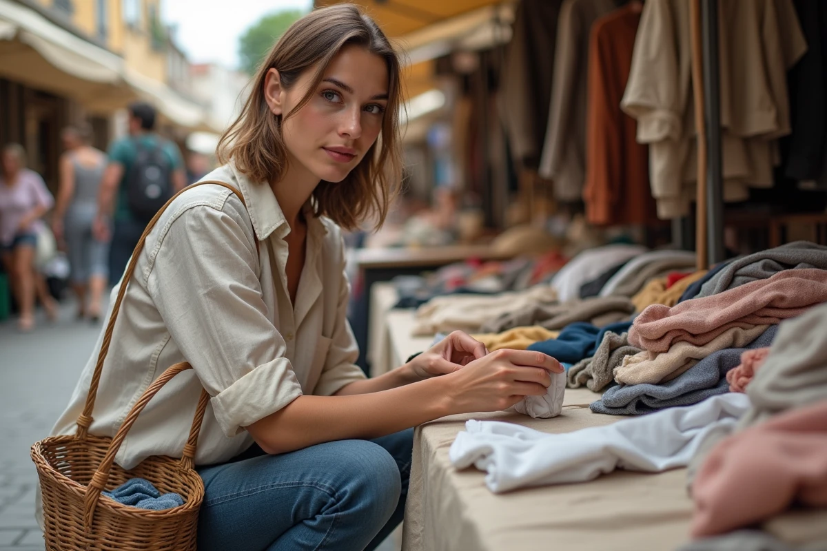 Femme inspectant des vêtements de seconde main à un stand de la braderie de Montpellier
