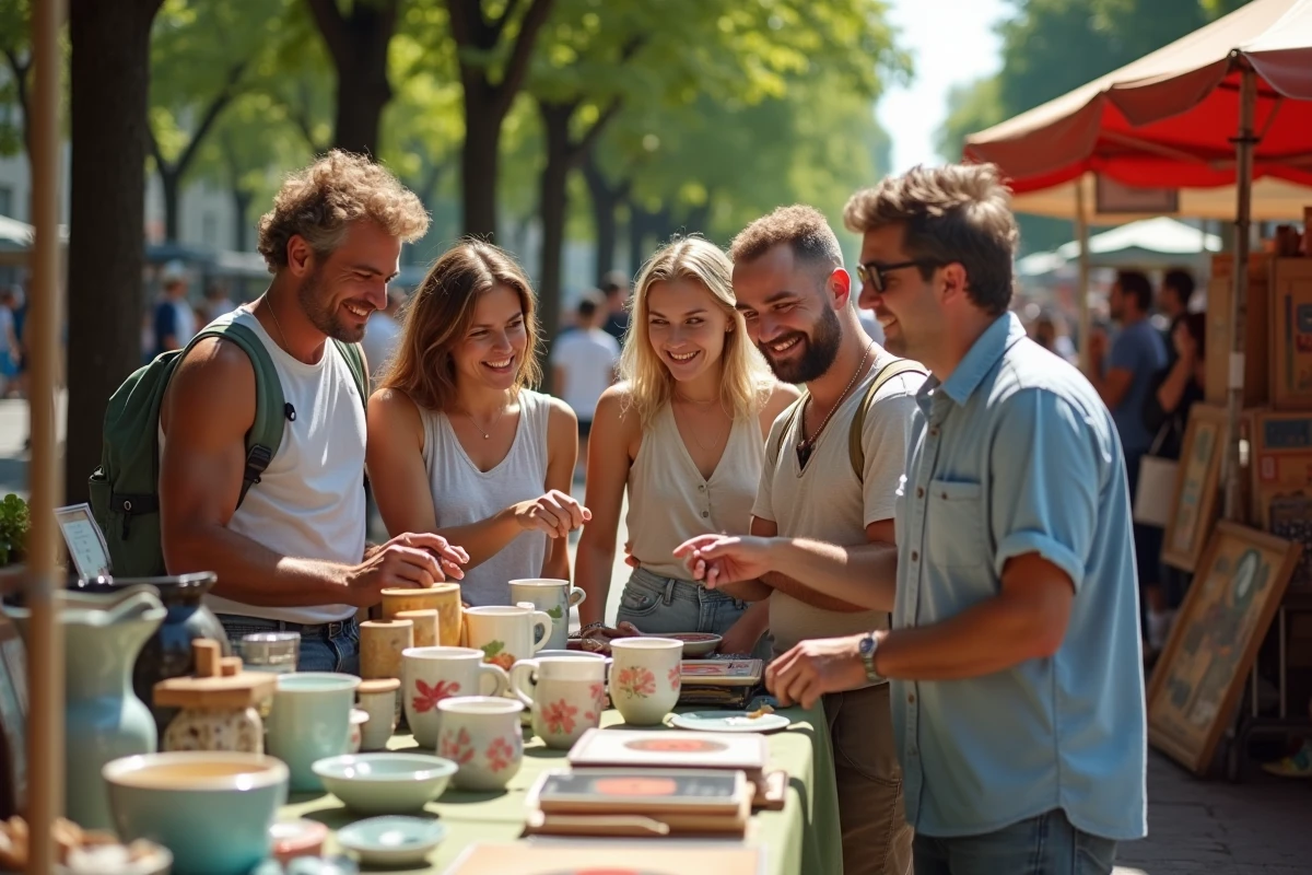 Groupe d'amis découvrant des objets vintage et des vinyles sur un stand de la braderie de Montpellier