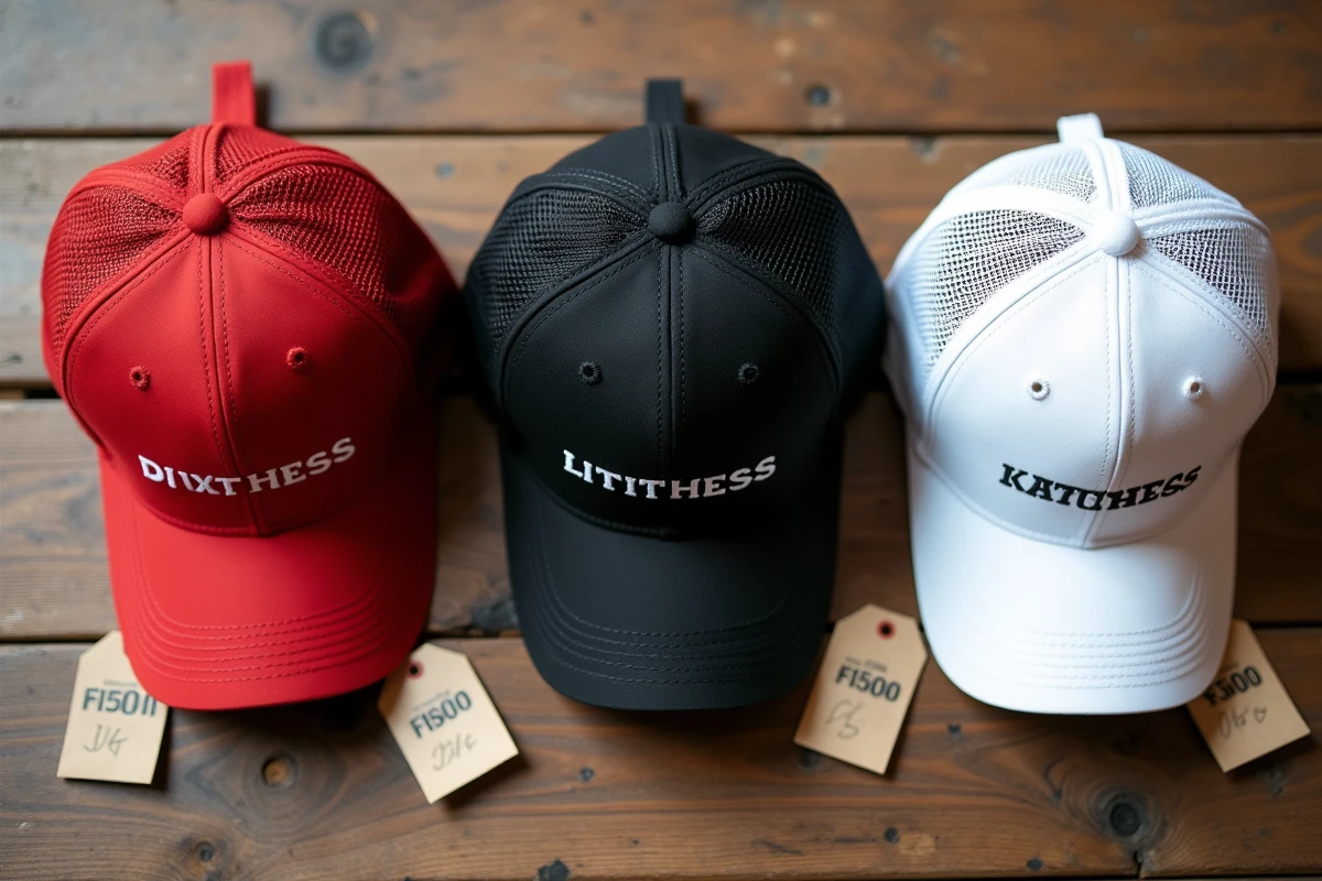 Trois casquettes Trump en différents coloris avec étiquettes de prix sur table en bois