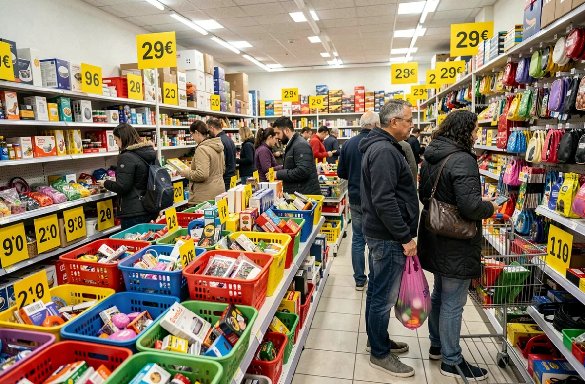 Clients faisant leurs achats dans le magasin C'est Deux Euros à Toulouse avec des rayons remplis d'articles à petit prix