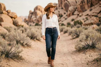 Femme portant un chapeau de cowboy western en daim beige avec un look western élégant en pleine nature désertique