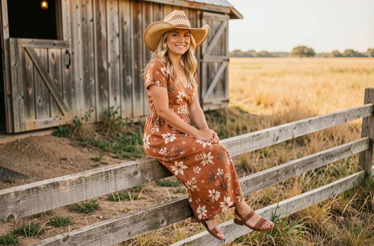 Femme portant un chapeau de cowboy en paille avec une robe fleurie assise sur une clôture de ranch rustique