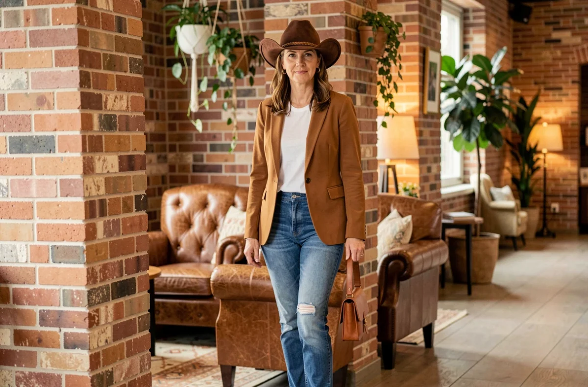 Femme élégante en chapeau western marron et blazer caramel dans un lobby de boutique hôtel au style bohème chic