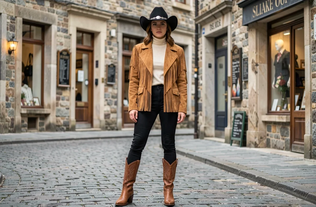 Femme en chapeau western noir élégant et veste en daim à franges dans une rue pavée pittoresque