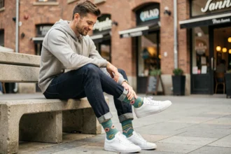 Homme assis en ville avec des chaussettes amusantes colorées à motifs géométriques visibles sous un jean slim retroussé