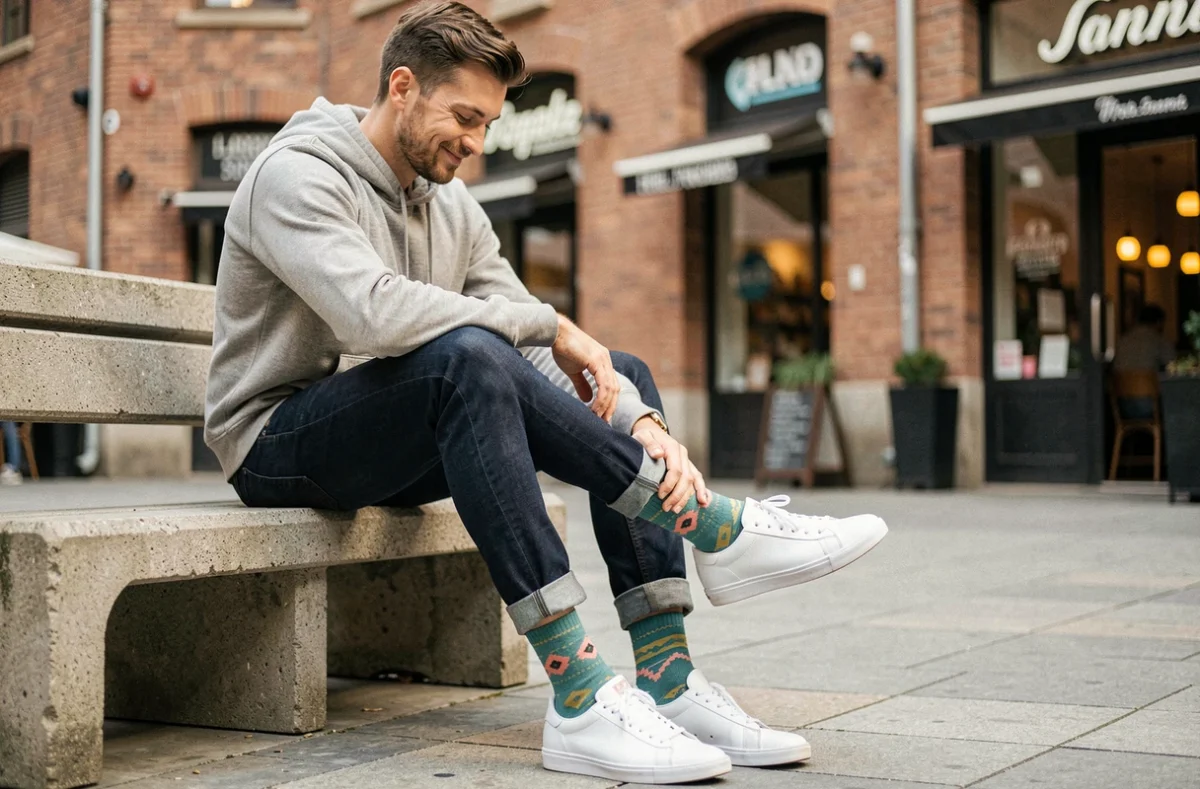 Homme assis en ville avec des chaussettes amusantes colorées à motifs géométriques visibles sous un jean slim retroussé
