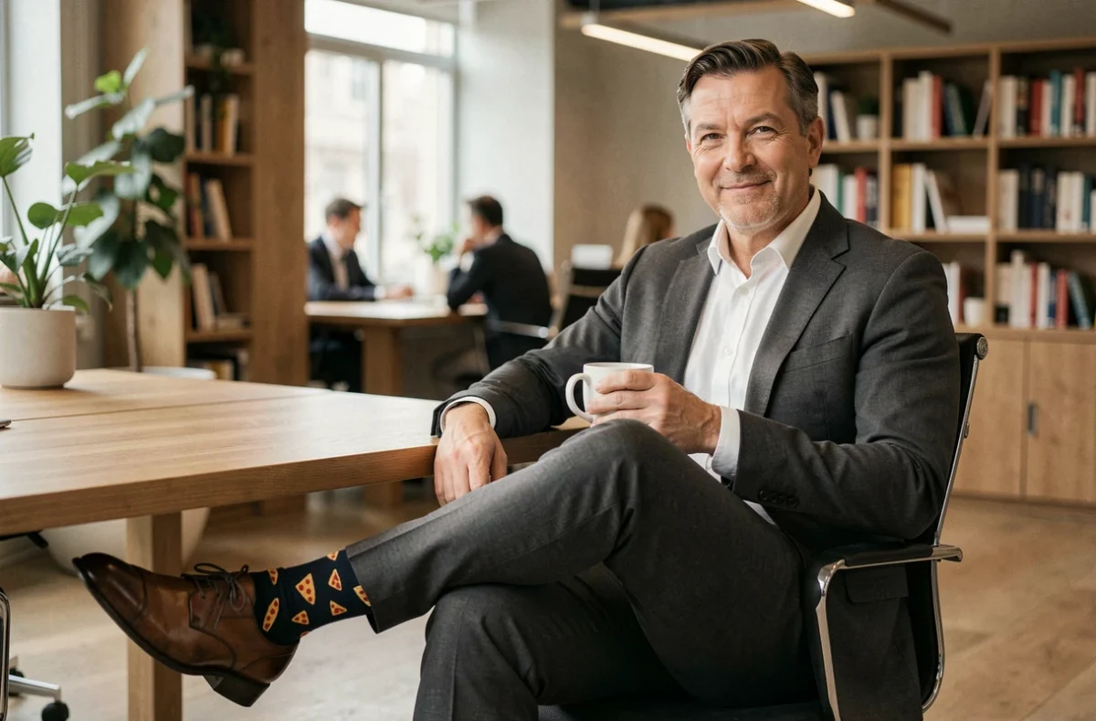 Homme en tenue professionnelle au bureau révélant des chaussettes fantaisie à motifs pizza sous un pantalon tailleur