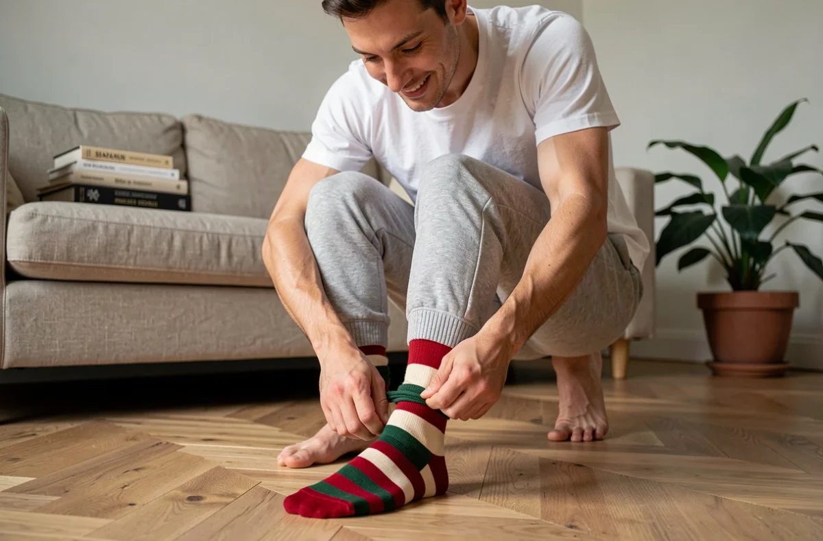 Jeune homme à la maison en train d'enfiler des chaussettes rayées colorées sur parquet en bois clair ambiance cosy