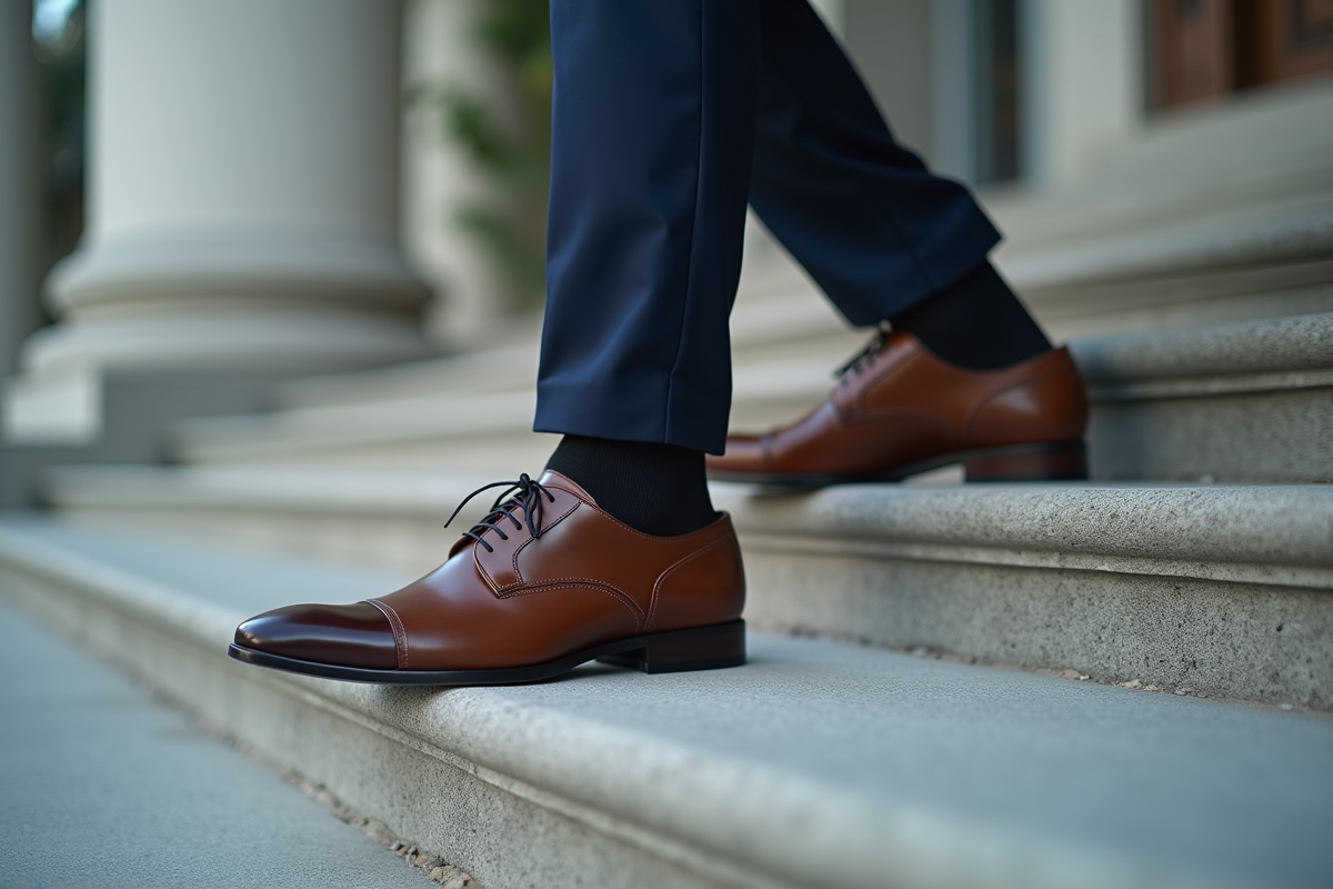 Gros plan sur chaussures en cuir et escalier en pierre