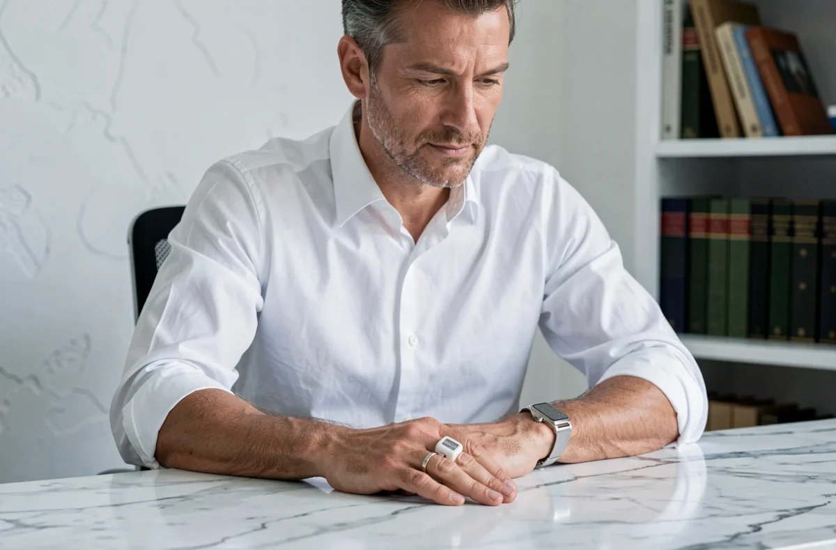 Homme portant une chevalière en or blanc sur la main gauche, assis à un bureau en marbre dans un bureau épuré