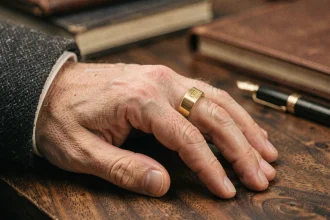 Chevalière homme en or jaune avec initiales gravées portée à la main, posée sur une surface en bois sombre
