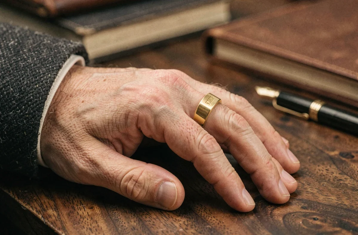 Chevalière homme en or jaune avec initiales gravées portée à la main, posée sur une surface en bois sombre