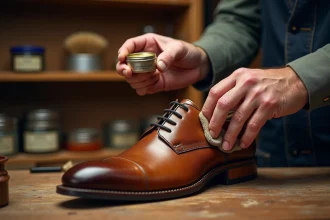 Mains d'artisan appliquant du cirage brun sur une chaussure Oxford en cuir dans un atelier de cordonnier