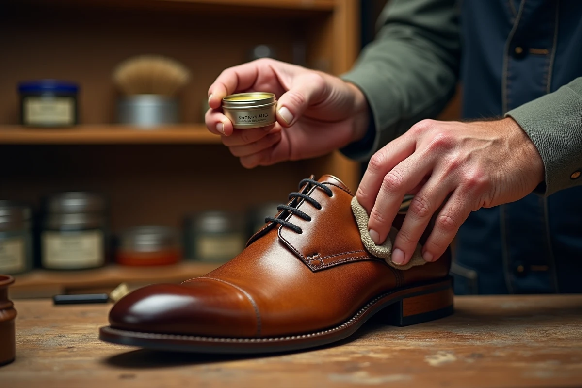 Mains d'artisan appliquant du cirage brun sur une chaussure Oxford en cuir dans un atelier de cordonnier