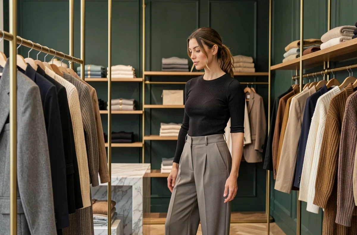 Femme élégante parcourant les créations de la boutique Close à Clermont-Ferrand, intérieur sophistiqué aux teintes vert foncé et laiton