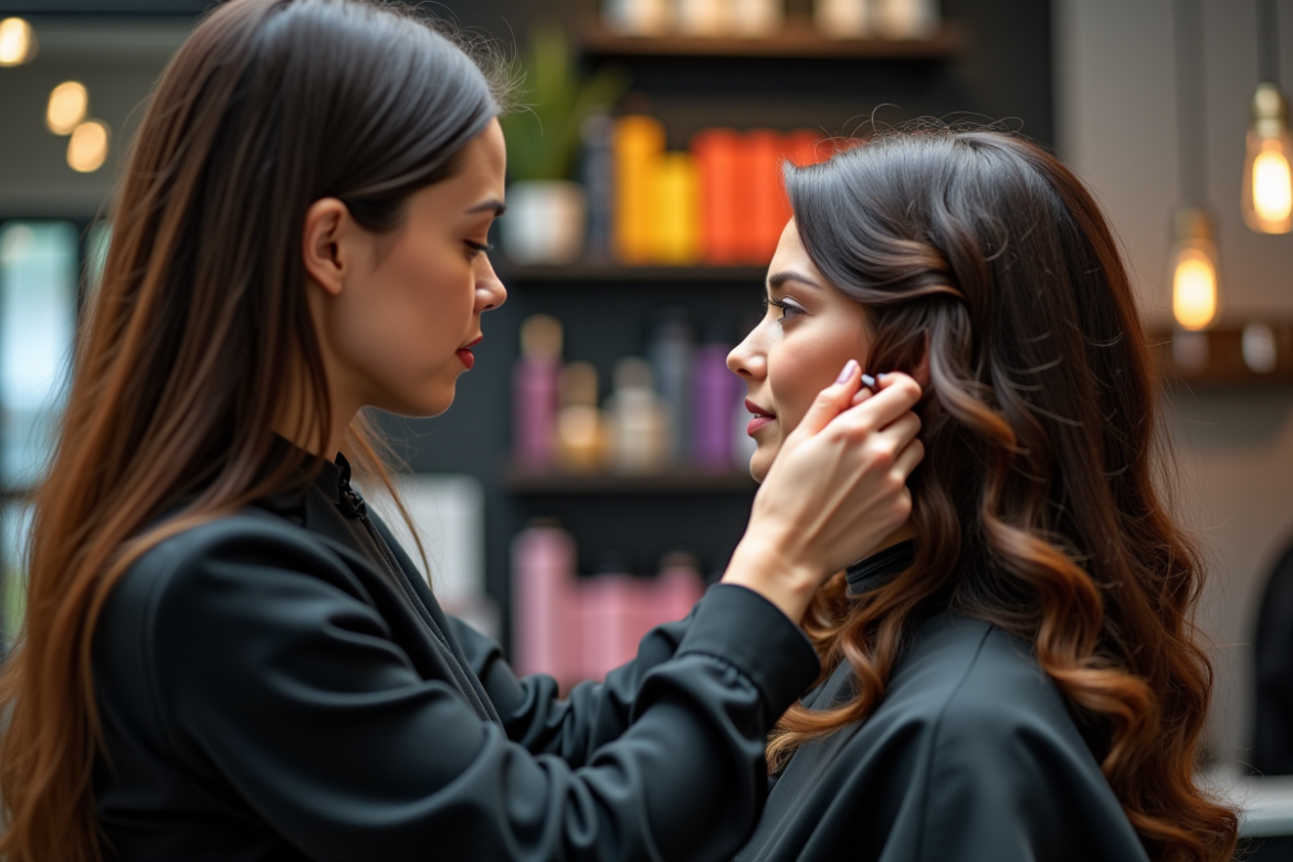 Coiffeur professionnel examinant la forme du visage en salon moderne